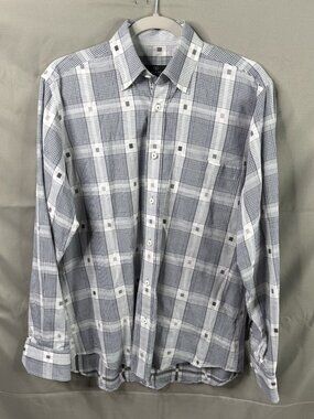 Bugatchi Uomo Plaid Button Front Shirt Womens Large Gray Navy Square Pattern
